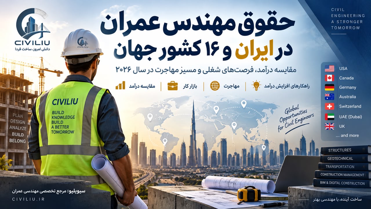 حقوق مهندس عمران در کشورهای مختلف ۲۰۲۶ | مقایسه درآمد در ۱۶ کشور + ایران