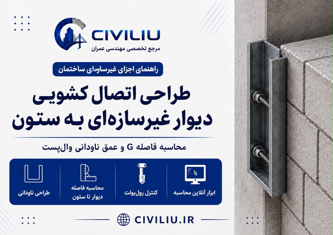 طراحی اتصال کشویی دیوار غیر سازه‌ای به ستون؛ محاسبه فاصله G و عمق ناودانی وال پست طبق کتاب طراحی اجزای غیر سازه ای خرداد 1405 + آموزش ویدئویی
